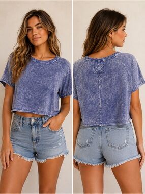 Zenana Acid Wash Raw Edge Cropped Tee – Navy